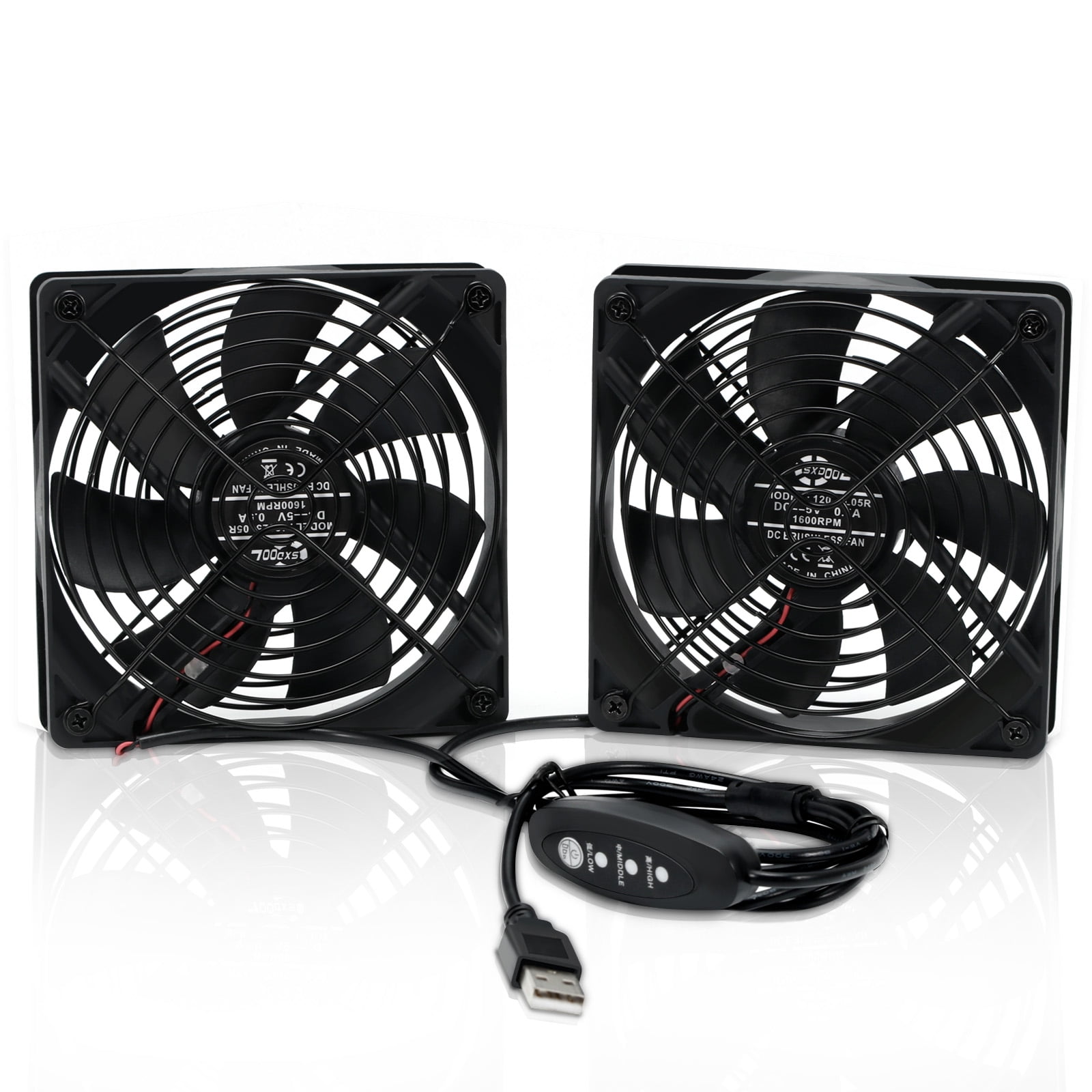 SXDOOL Dual 120mm DC 5V USB Computer Cooling Fan with Speed Controller, Ventilator Fan