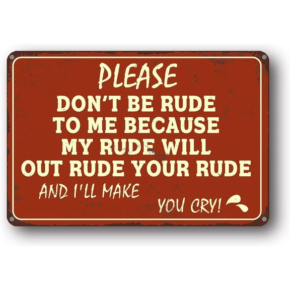 Funny Sarcastic Metal Sign Wall Decor Man Cave Bar, Cool Stuff for your Room, Funny Garage Signs, Please Don't Be Rude To Me Because My Rude 12x8 Inch
