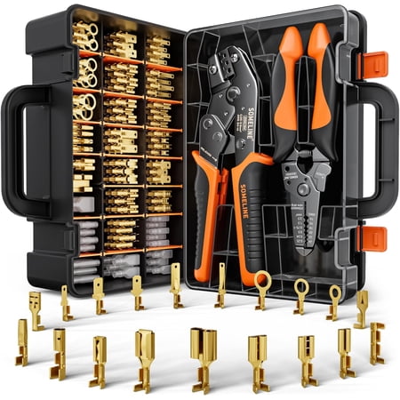 Wire Terminal Crimping Tool Kit,2.8/3.9/4.8/6.3mm Male Female Disconnect Terminals,AWG 24-14 Crimping Pliers for Molex 2.13/2.36mm, AMP - TE CONNECTIVITY Connectors,With Wire Stripper Set