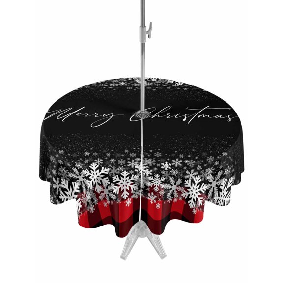 Outdoor Tablecloth with Umbrella Hole and Zipper, Merry Christmas Round Table Cloth 54 Inch Waterproof Tablecloth, Winter Holiday Xmas Snowflake Red Plaid Picnic Table Cover for Patio Camping
