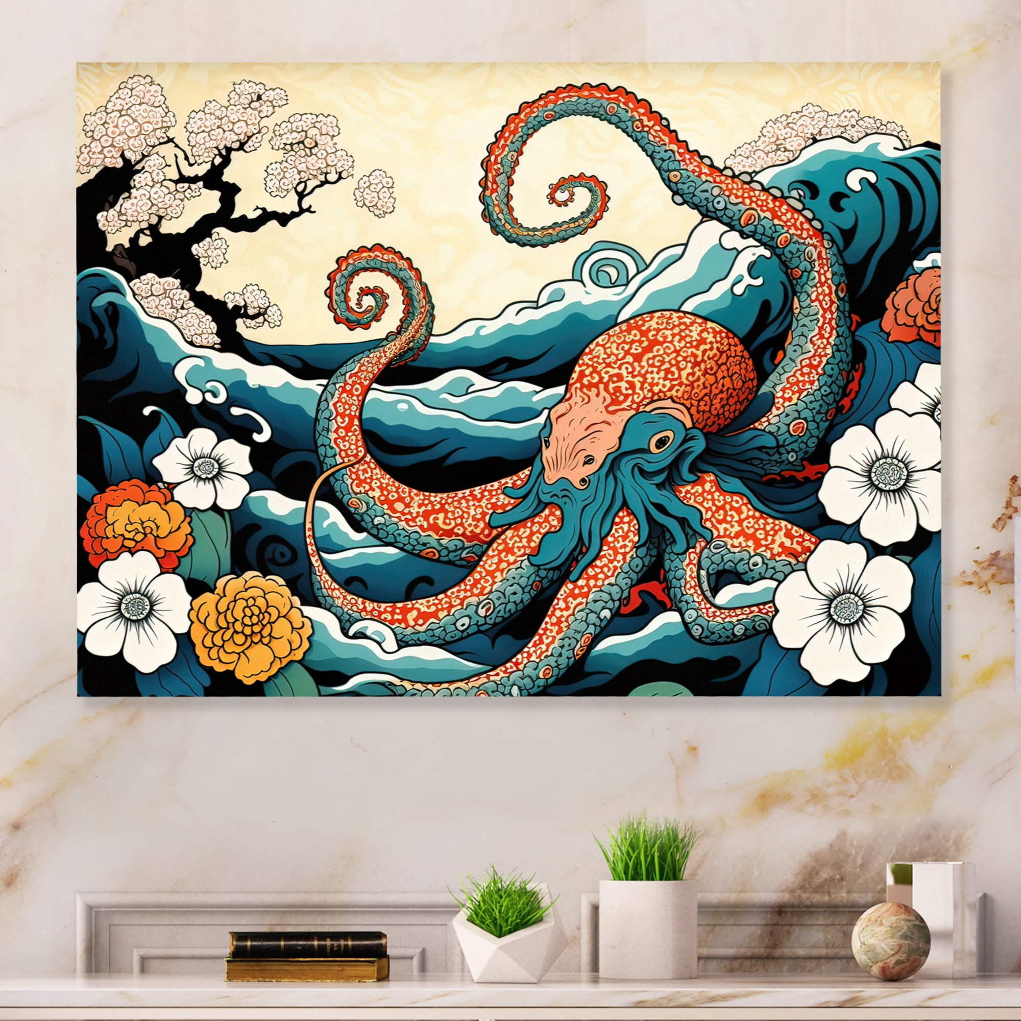 Designart Japanese Landscape With Octopus IV Canvas Wall Art