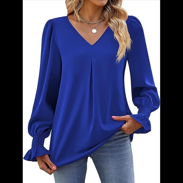 Blusas de Larga para Mujer 2025, Elegantes, Informales, con Cuello en V, Tipo Túnica, Blusa Holgada de para el Trabajo. Azul M