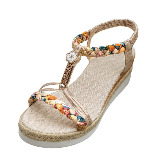 Fukaraa Open Toe Wedge Sandals Women Orthopedic Support Beaded Bohemian Beach Shoes