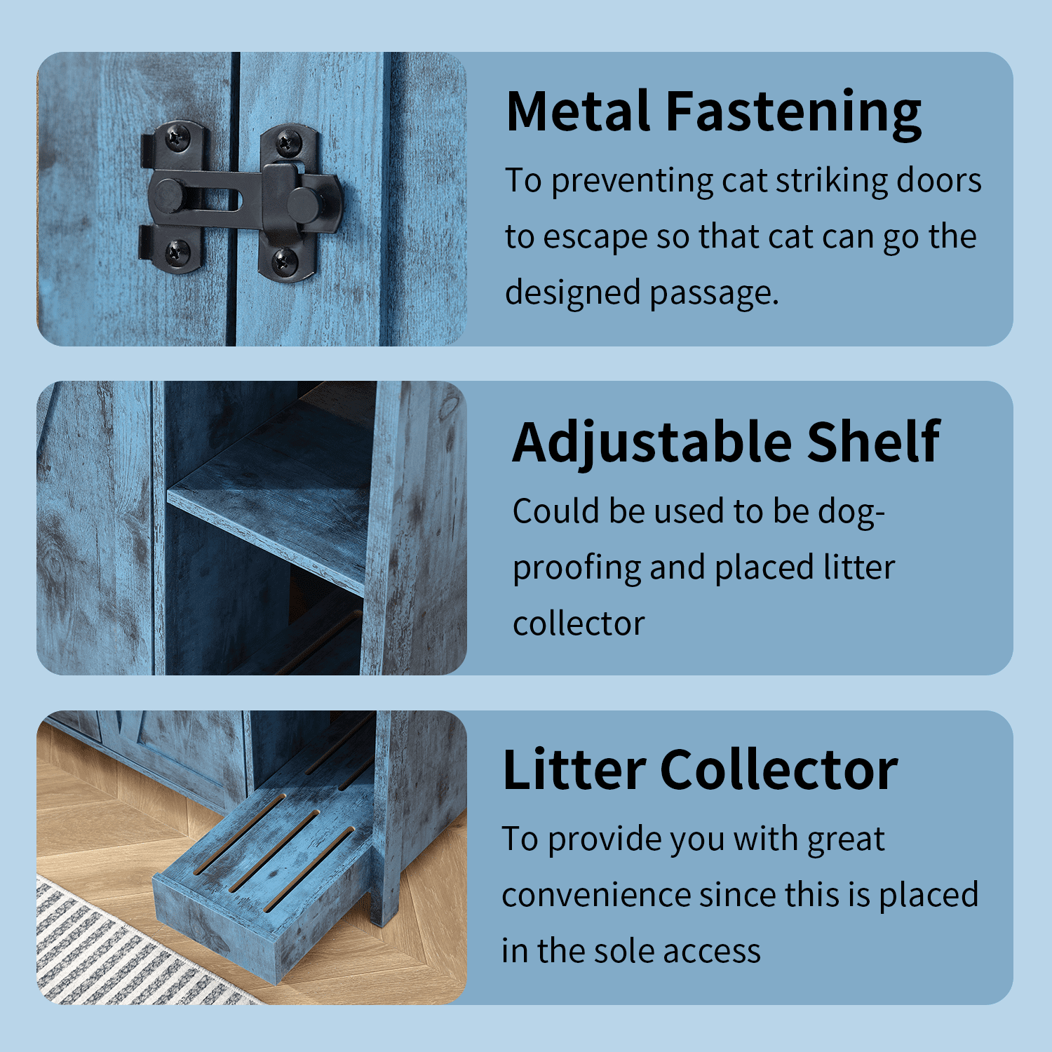 Litter Enclosure with Litter Collector, Litter Cabinet with Dog-Proof Adjustable Shelf, for Placing Cat Robot 3/4, Power Outlet (Blue)