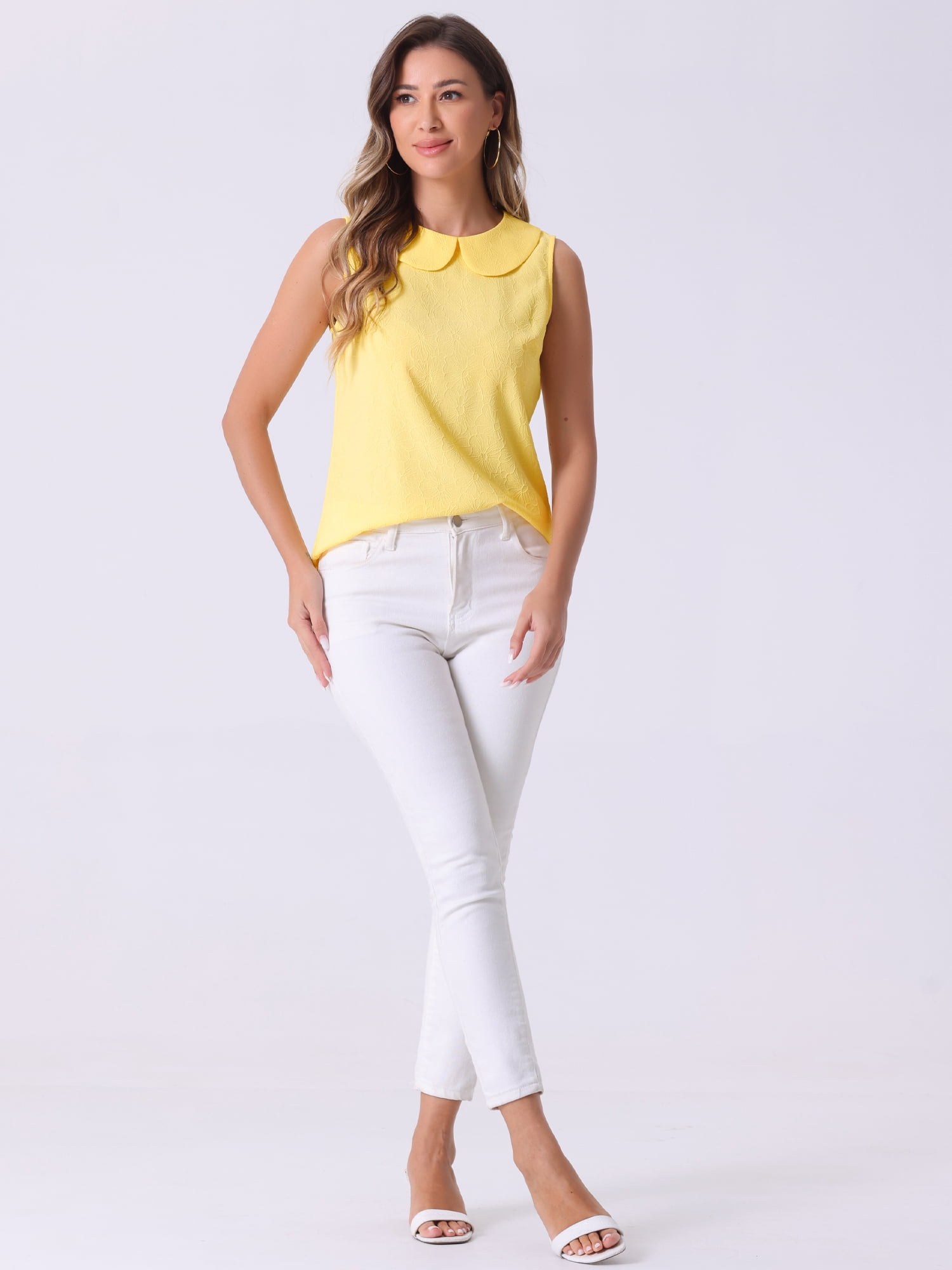 DARING DIVA Women's Peter Pan Collar Sleeveless Jacquard Floral Blouses M Yellow
