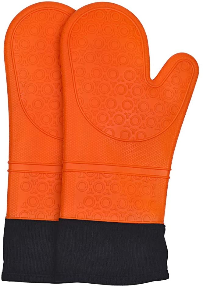 Great for Baking Flexible and Waterproof Oven Mitts Walfos Heat Resistant Silicone Oven Gloves Extra Long Non-Slip Silicone and Soft Internal Cotton Lining Cooking and Grilling（Orange）