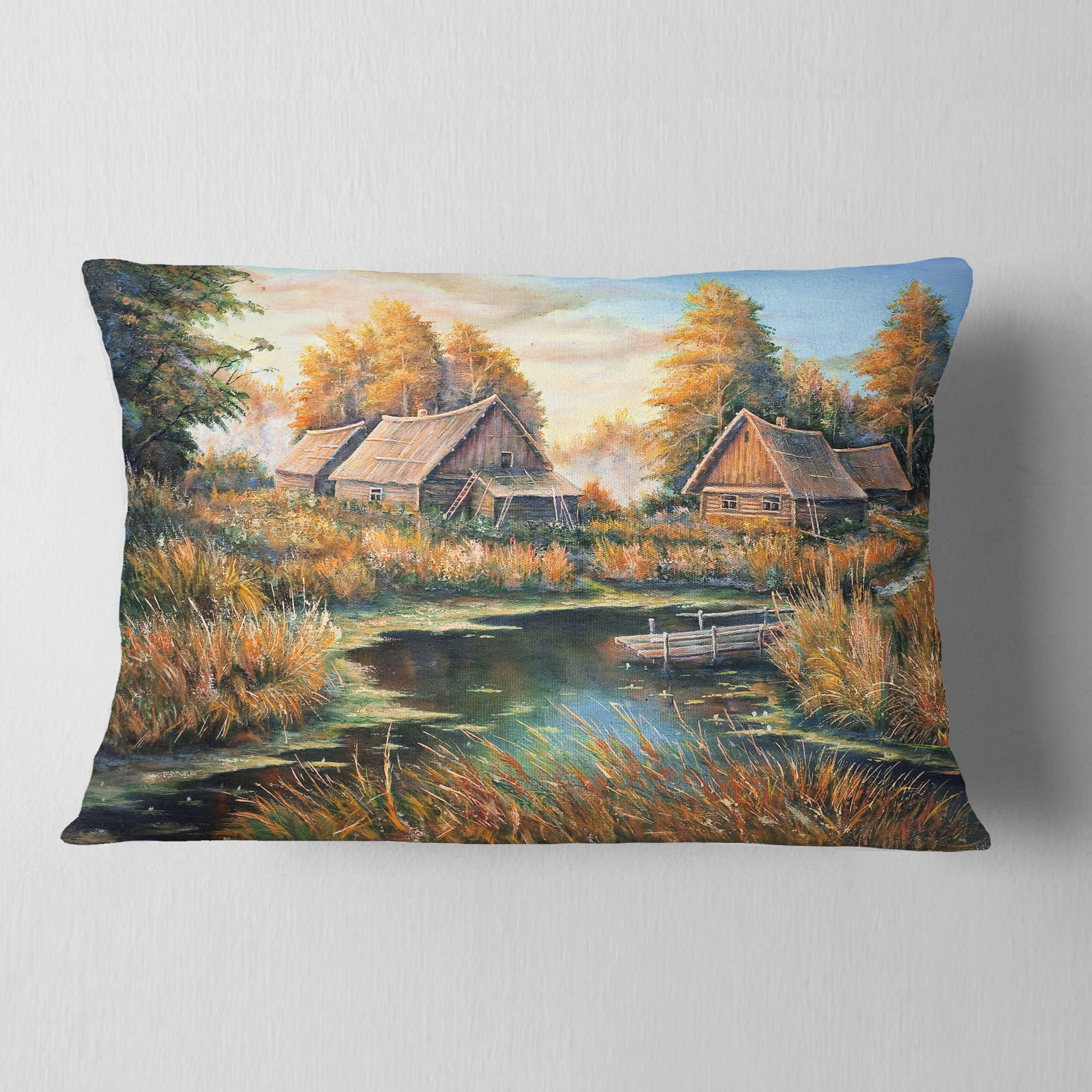 Designart Birches in Autumn Village - Landscape Printed Throw Pillow - 12x20