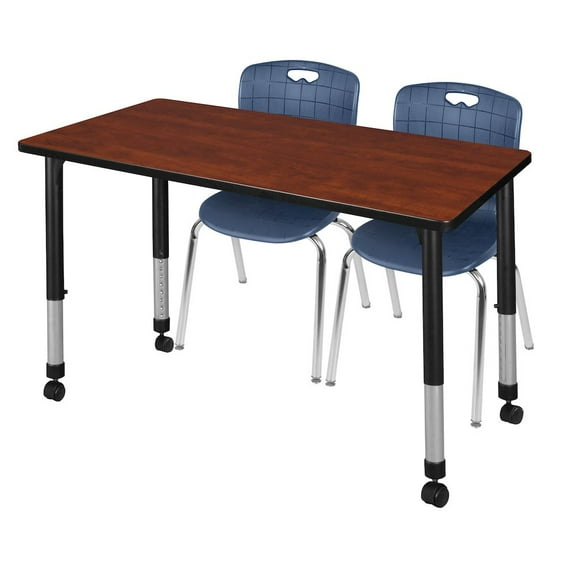Regency 48x30 Mobile Adjustable Classroom Table- Cherry & 2 Andy 18 Stack Chairs- Blue