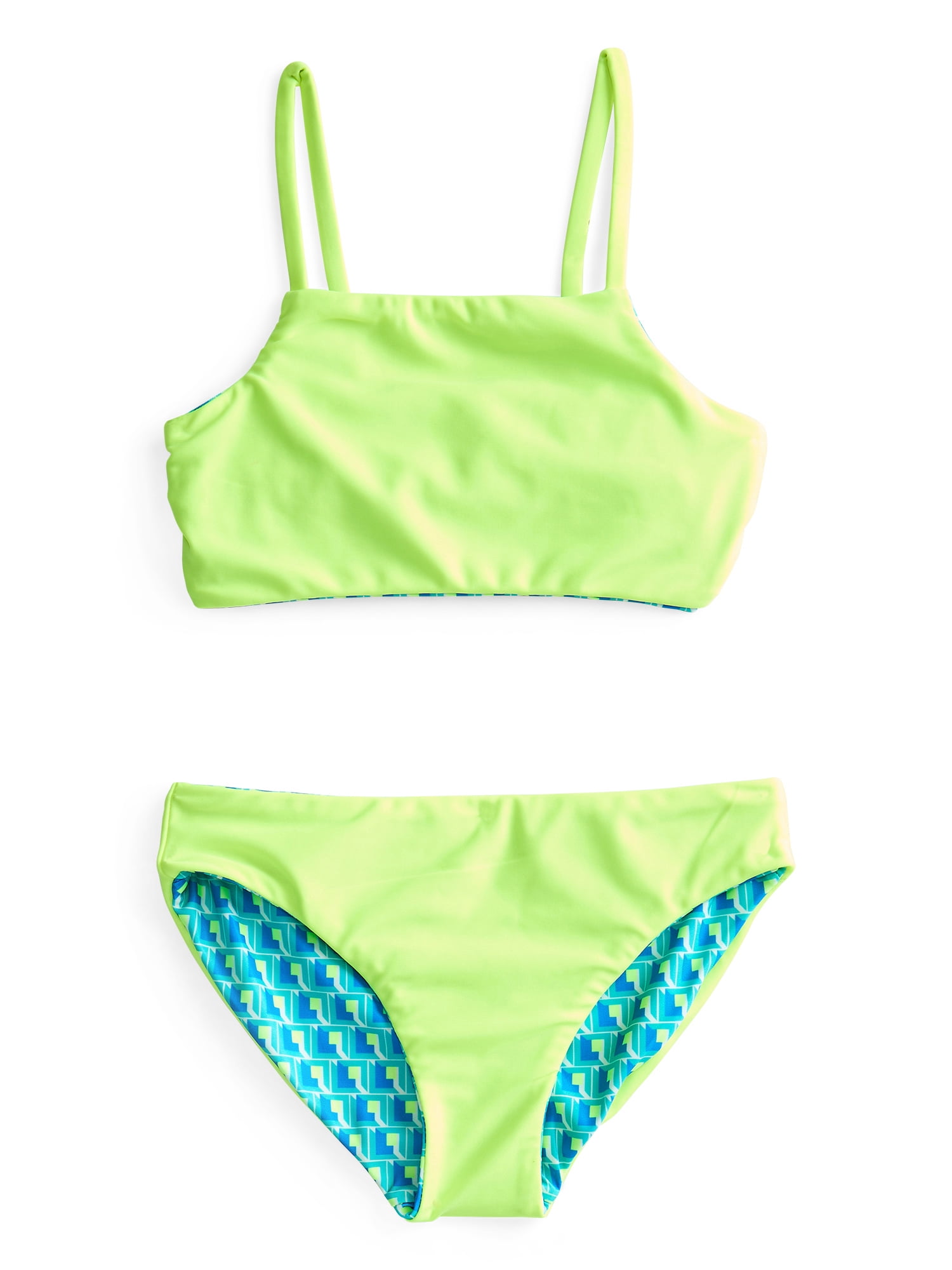 Wonder Nation Girls Reversible Family Geo Print and Solid Bikini Swimsuit Set, 2-Piece, Sizes 4-16