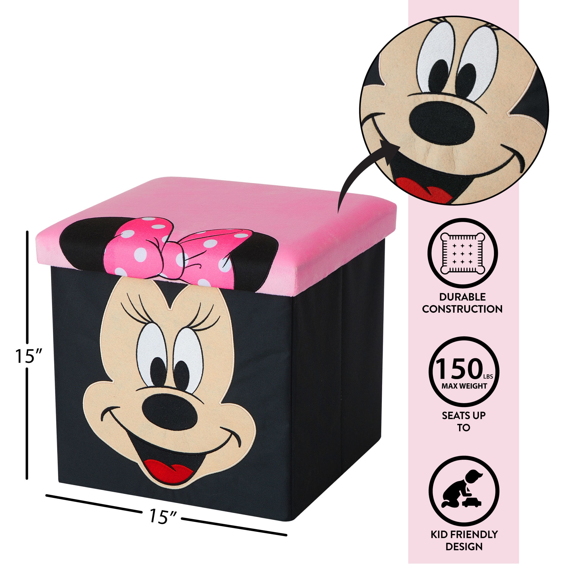 Disney Minnie Mouse Kids' Storage Ottoman, Pink, 15" x 15" x 15"