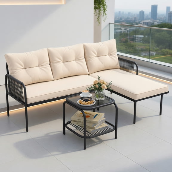 Kadyn 3-Piece L-Shaped Outdoor Patio Furniture Set – PE Rattan Sectional Sofa with Beige Cushions, Tempered Glass Coffee Table, Black Frame – for Deck, Balcony & Poolside