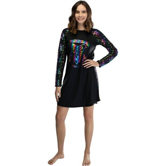 Harry Potter Juniors' Hogwarts Rainbow Hologram Raglan Long-Sleeve Nightgown Pajama Sleepwear Lounge