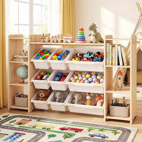 DOREROOM Kids Toy Storage Organizer with Bookshelf, Modern, 6 Shelves, 9 Toy Bins, 6 Hooks, Off-White Wood