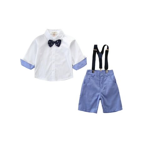

PBaeM Toddler Baby Boys Summer Bow-Tie Shirt And Straps Shorts 2Pcs Outfit Sets