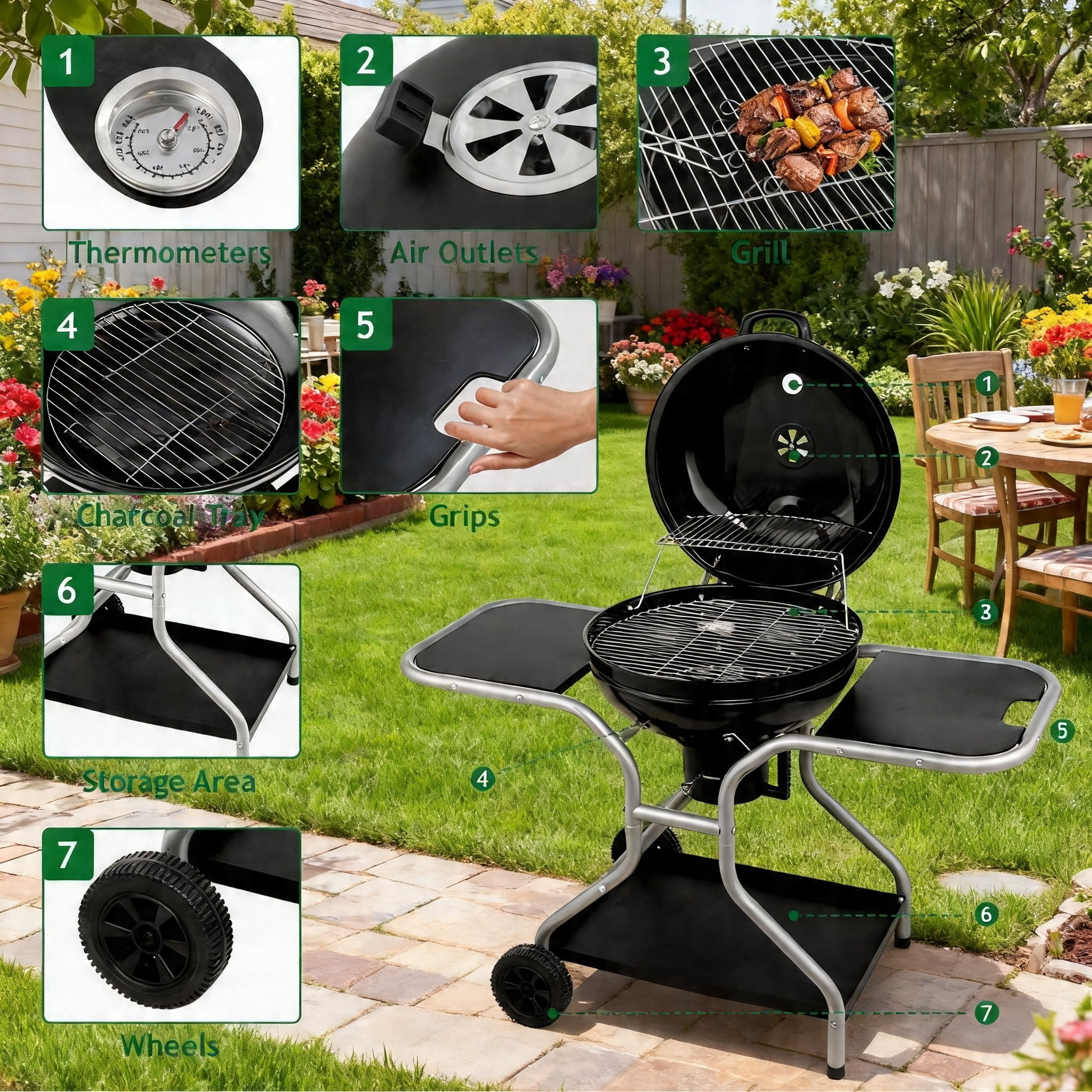 LODZPK Portable Kettle Charcoal Grill with 2 Side Tables, Storage Shelf & Upgraded Ash Catcher, Outdoor BBQ with Thermometer & Air Vents (Wheels Included)