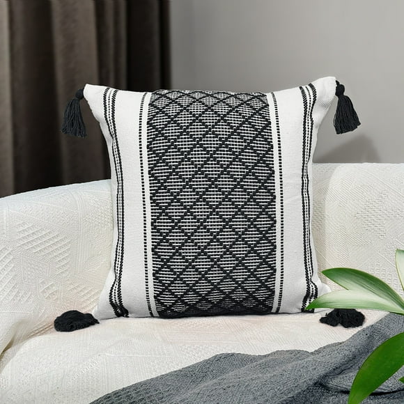 Granjero Gordo Almohada decorativa para el hogar, almohada con borlas de jacquard, almohada decorativa para sofá simple y gruesa (negra)