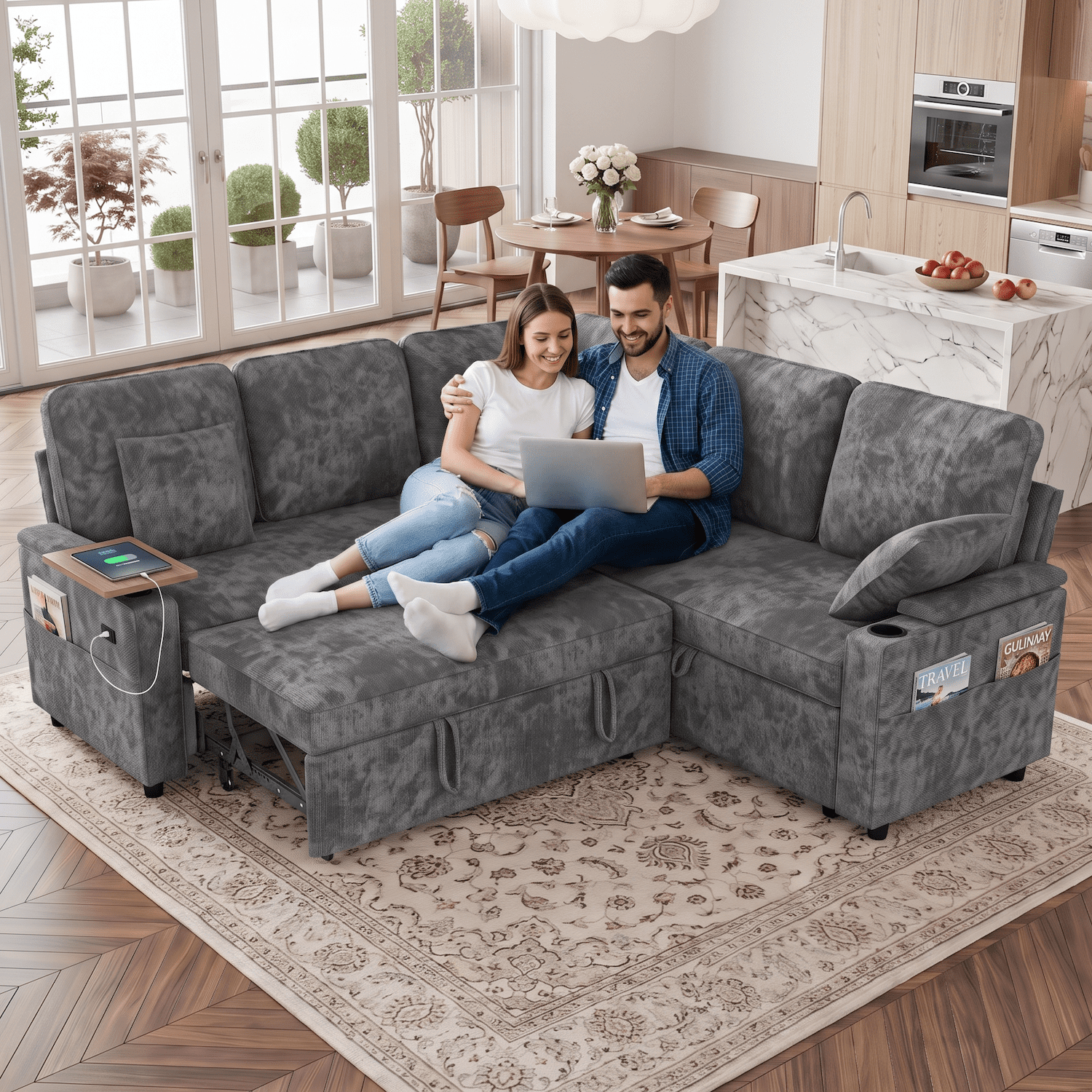 Xiweot 81" Modular Sectional Sleeper Sofa with Pull Out Couch, L Shaped Sofa Bed with Storage, Adjustable Backrest, USB Ports & Small Table, 5 Seaters Chenille Sofa for Living Room (Gray)