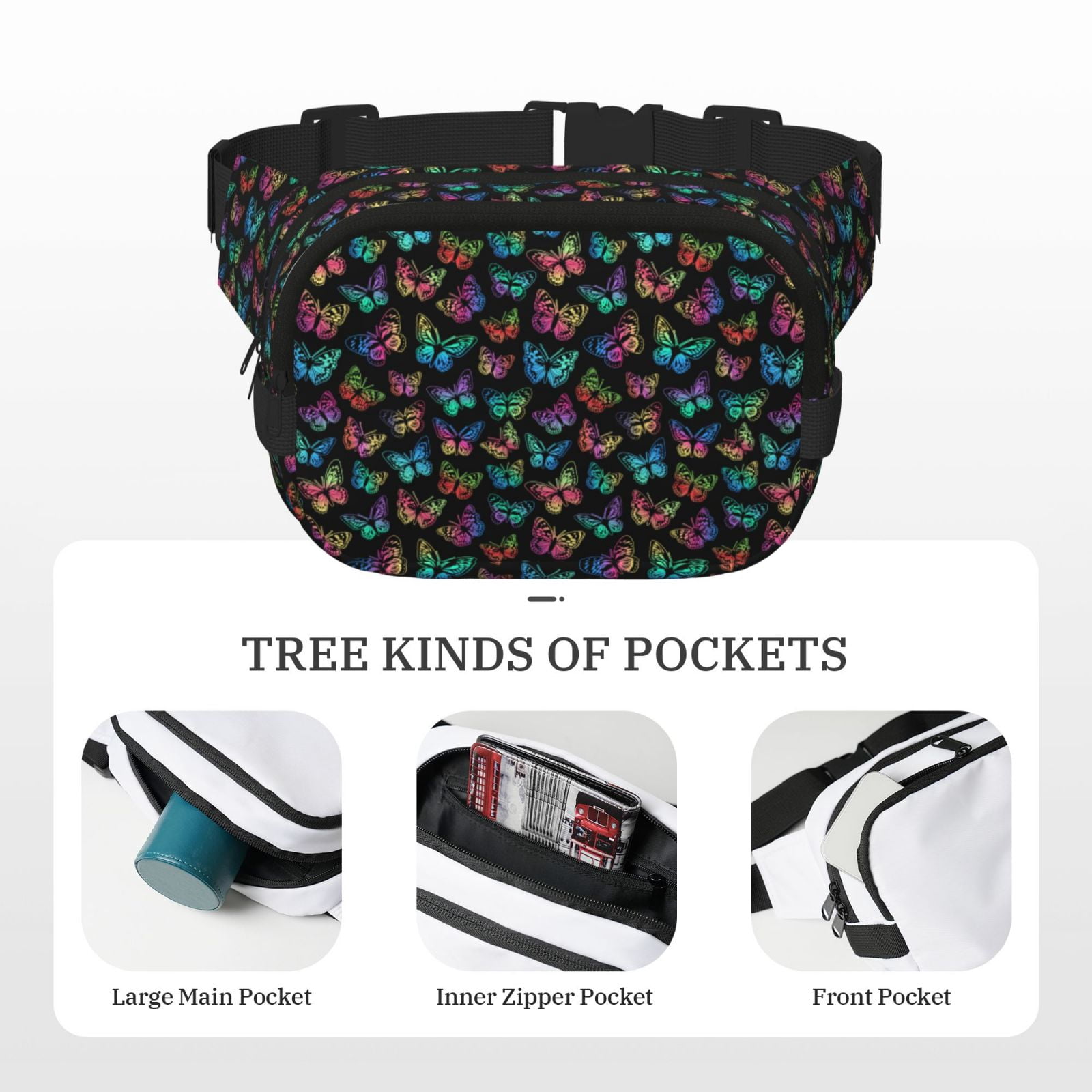 Picia Multicolored Butterflies Print Square Double-Layer Waist Bag Mini Adjustable Waist Belt Bag Exercise Running Travel Hiking