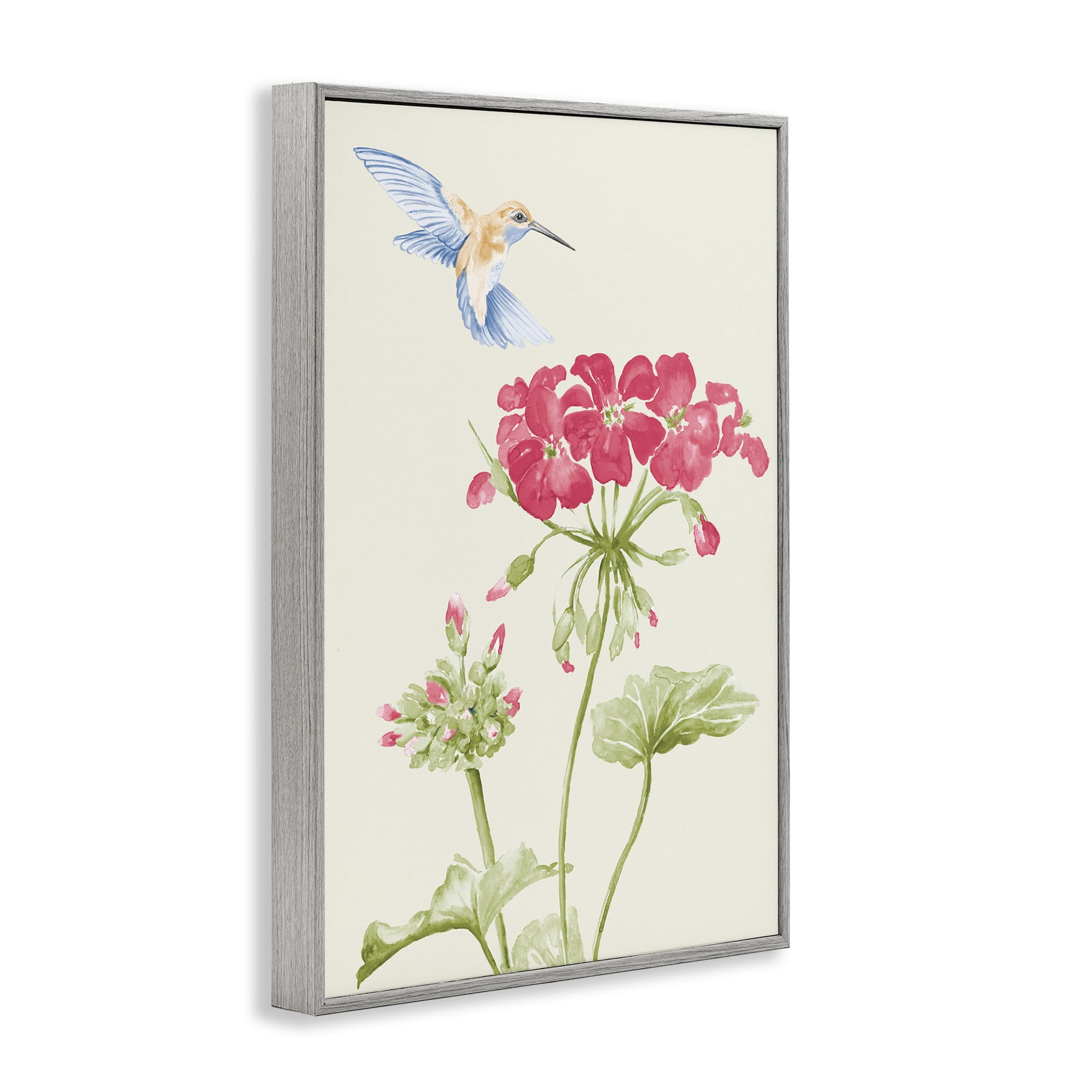 Stupell Industries Geraniums & Hummingbird Botanical & Floral Painting Gray Framed Art Print Wall Art, 12 x 18