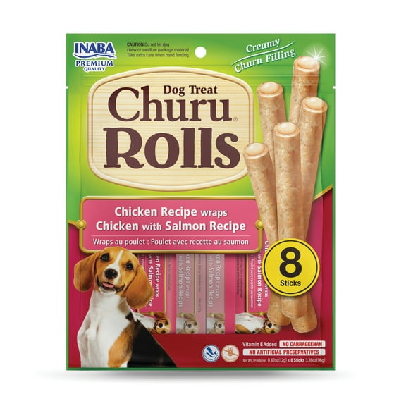 Churu Rolls for Dogs Chicken Recipe wraps Tuna with Salmon Recipe (Soft Baked Chicken Filled with Churu Puree) 24 tubes (8 packs of 3 tubes)