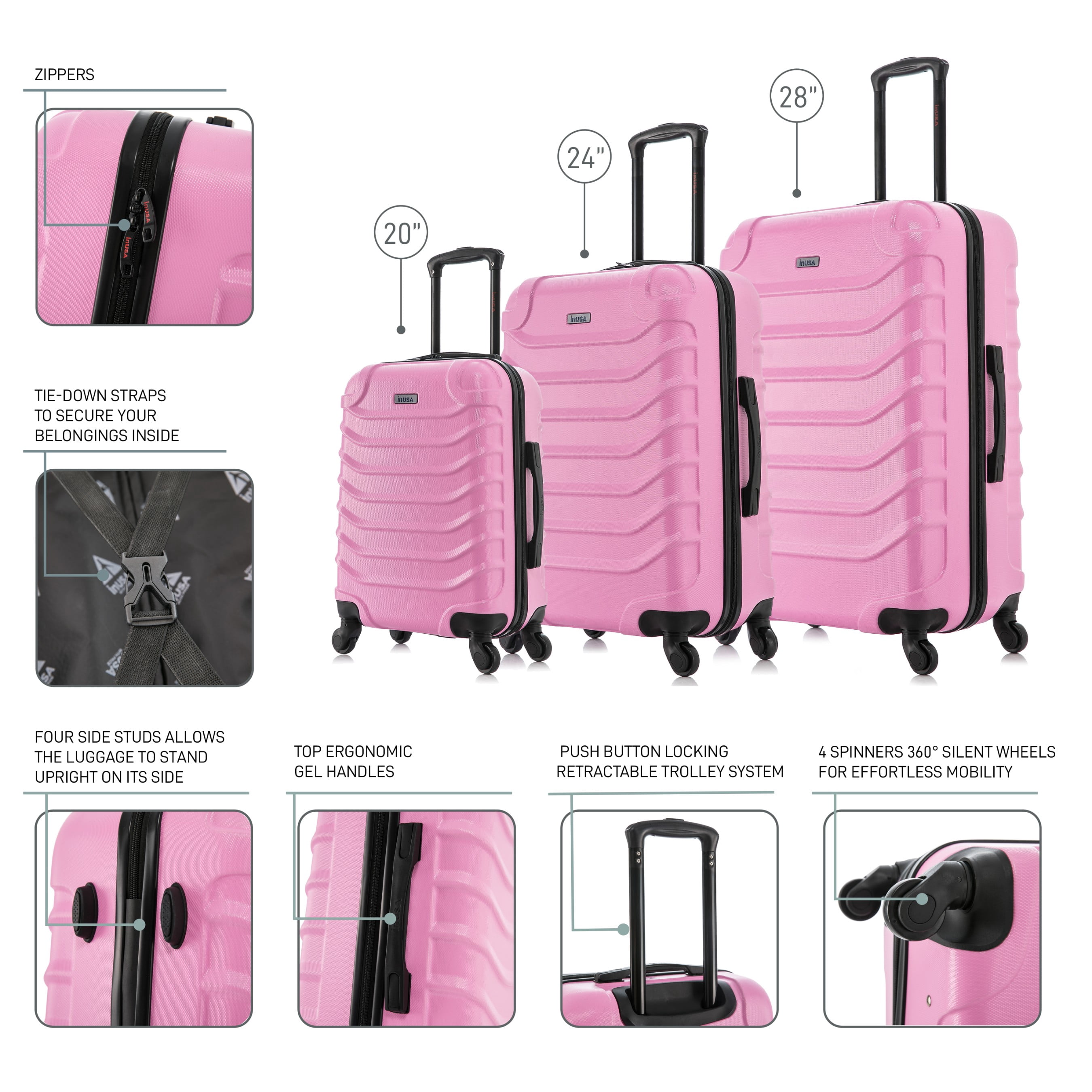 InUSA Endurance 3-Piece Hardside Luggage Sets with Spinner Wheels, Handle, Trolley, (20"/24"/28"), Pink