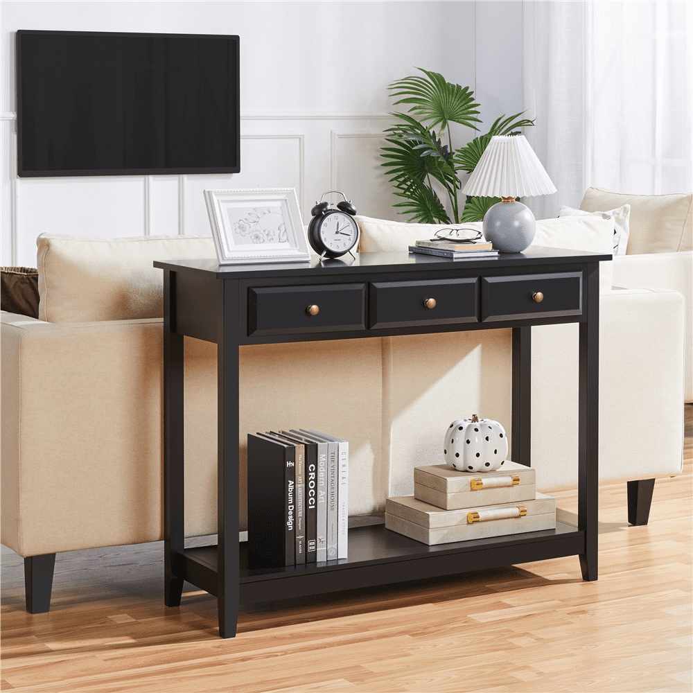 Yaheetech 3-Drawer Wooden Console Table Entryway Table with Storage Shelf Pine Wood Legs, Black