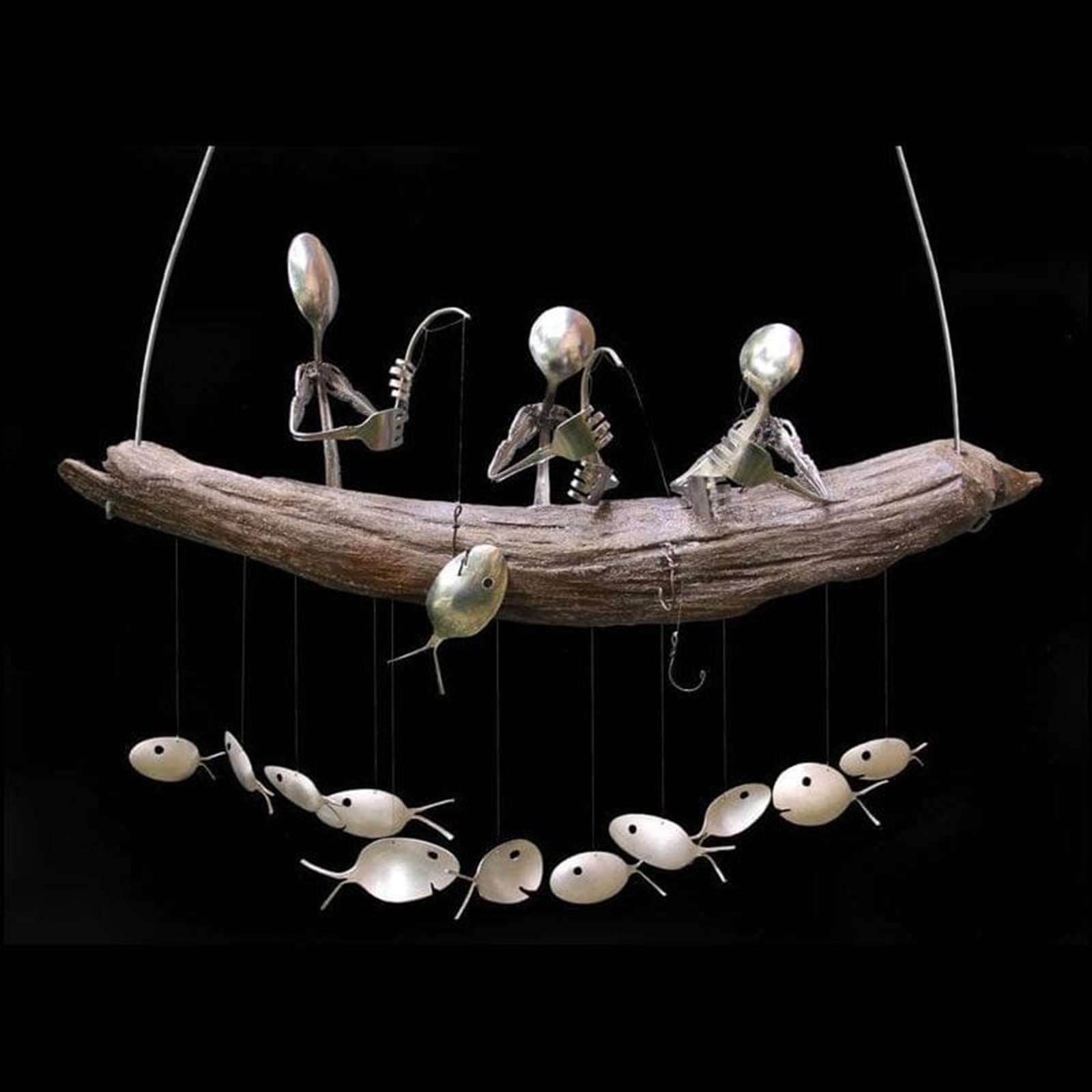 Fishing Man Wind Chime Spoon Fish Sculptures Windchime Indoor Outdoor Home Garden Decor Hanging Ornament Gifts large wind chimes wind chime supplies wind chime stand small wind chimes beach wind feng