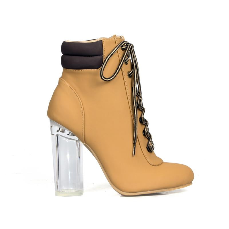 orange booties with clear heel