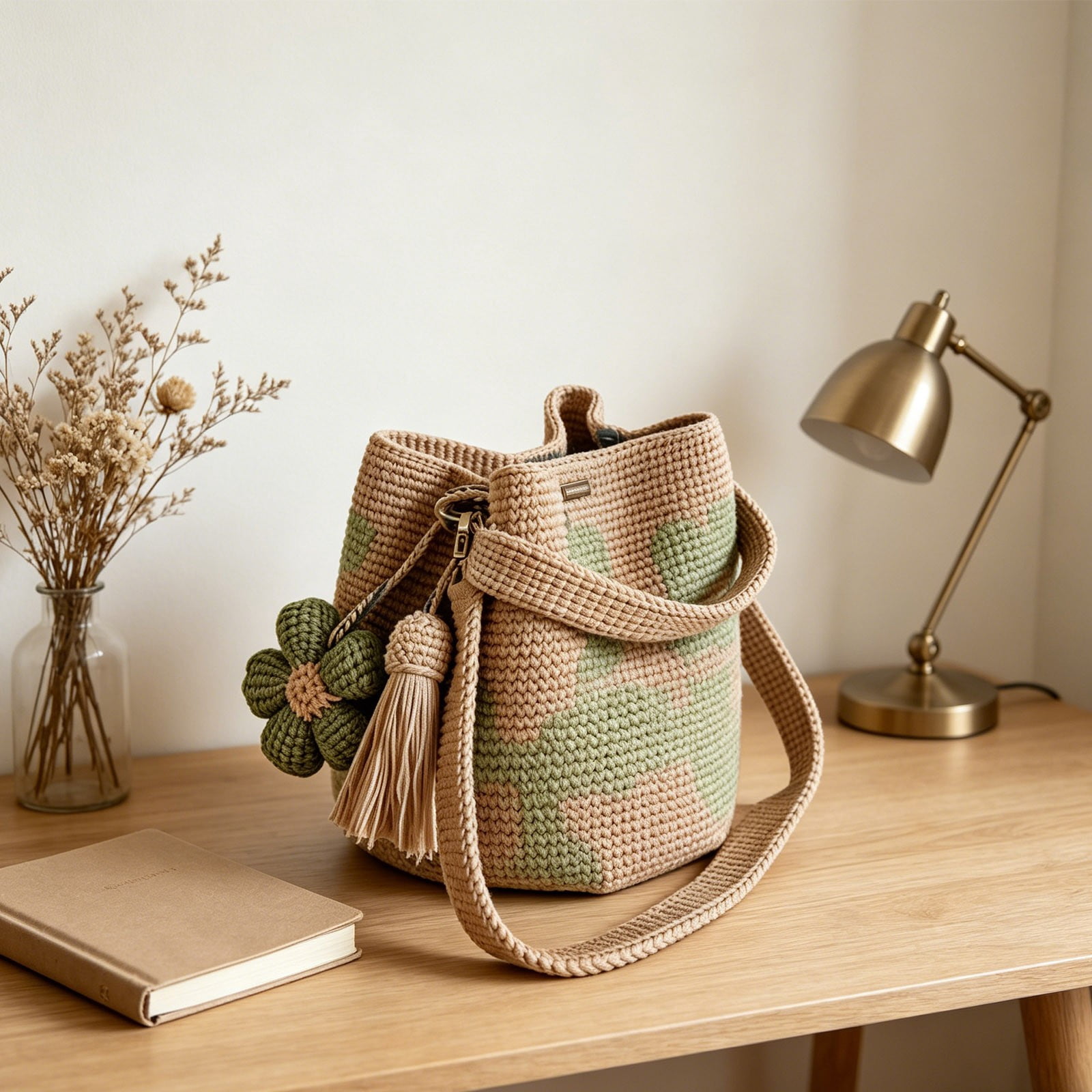 Handmade Crochet Crossbody Bag for Women, Boho Shoulder Purse with Detachable Flower, Mini Casual Woven Handbag for Daily Use