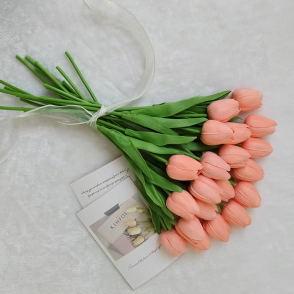suxuMhao 12Pcs Pink Orange Real Touch Tulips 13 Inches Artificial Tulips Bouquet Faux PU Tulip Flowers Spring Decoration for Living Room Home Wedding Party Table Decor