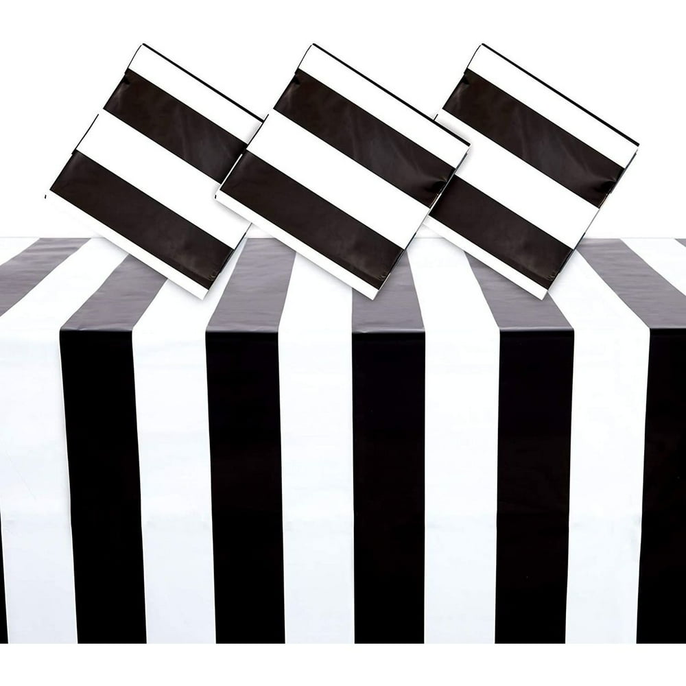 3 Pack Black and White Striped Plastic Party Tablecloths, 54"x108