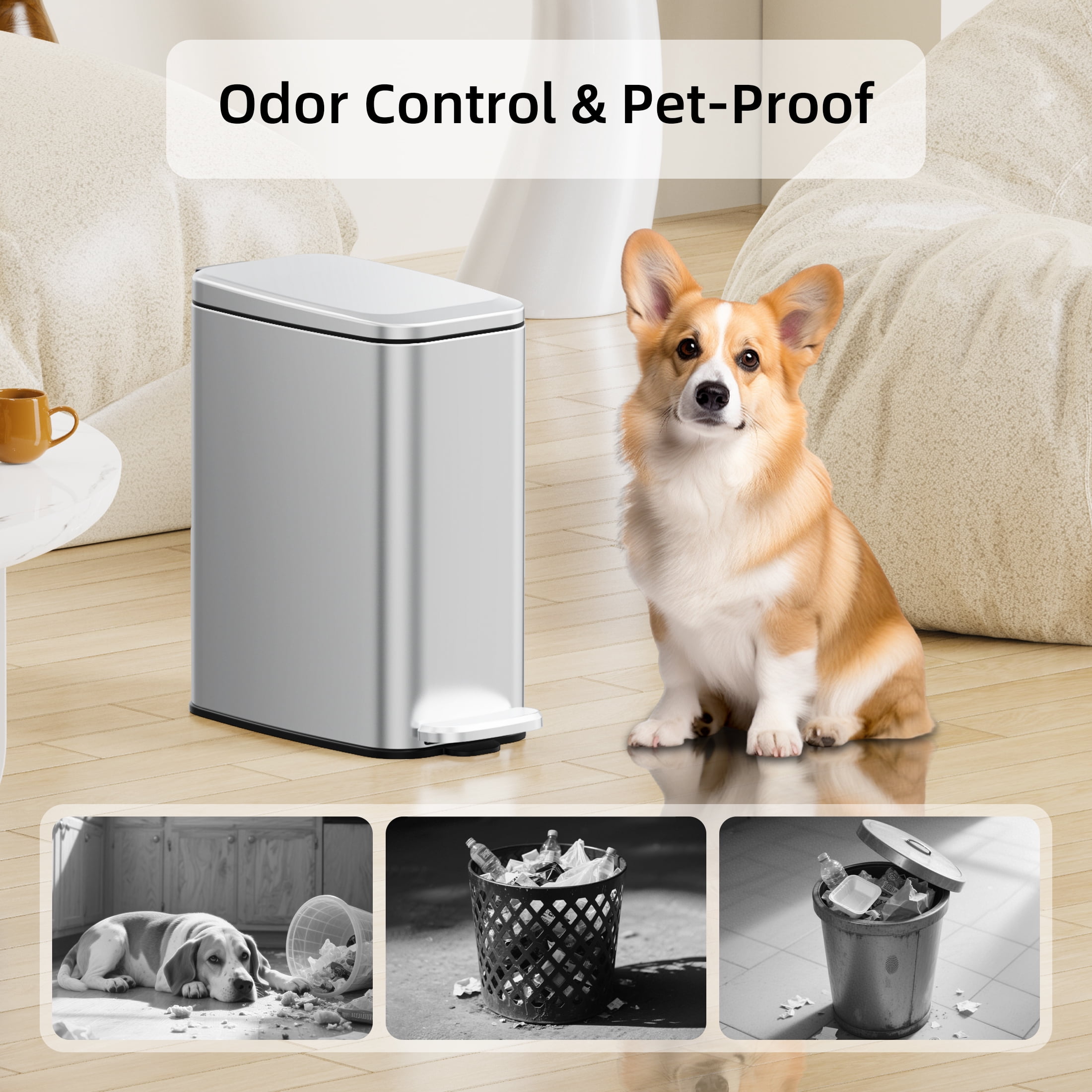 KSSKSS 1.6 Gallon/6L Small Bathroom Steel Step Trash Can, Soft-Close Lid & Fingerprint-Proof, Slim Wastebasket for Narrow Spaces (Silver)