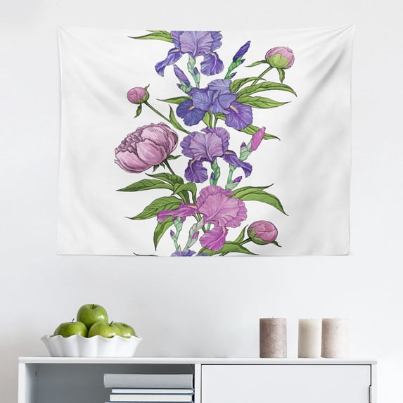 Peony Tapestry, Repeating Pastel Nature Tones Flower Bouquet Illustration, Fabric Wall Hanging Decor for Bedroom Living Room Dorm, 2 Sizes, Grey Multicolor, by Ambesonne