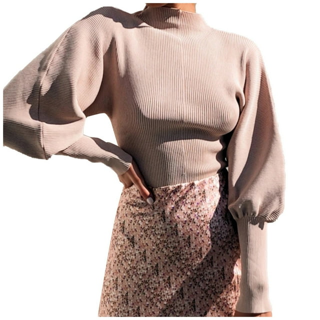 WEAIXIMIUNG Mode Femmes Décontracté Uni Col Haut Long Chandail à Manches Lanterne Blouse Tops