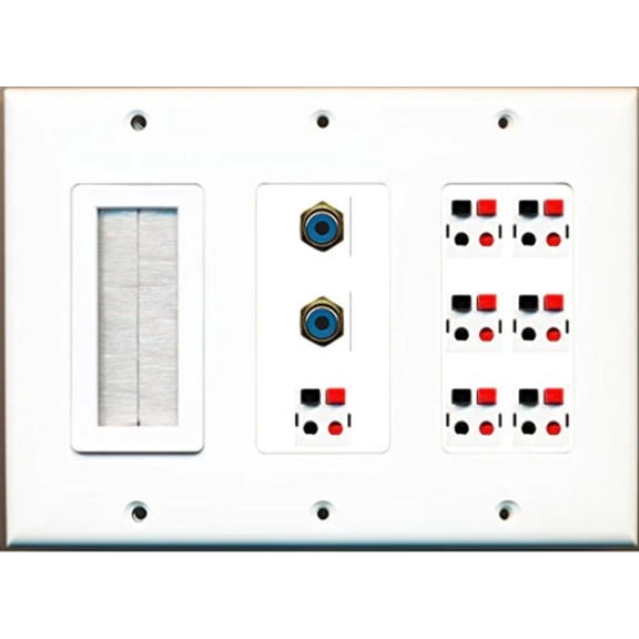RiteAV Mesh Brush 2 RCA Blue 7 Speaker Jack 7.2 Wall Plate 3 Gang Decorative