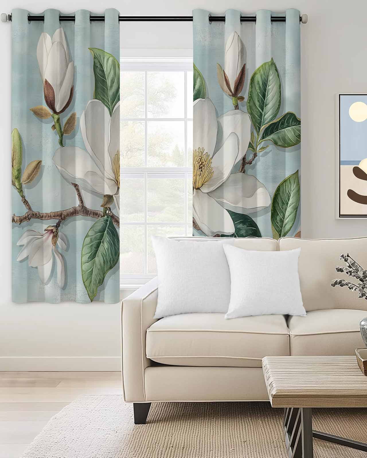 Magnolia Flowers Blackout Curtains 84 Inches Long, Retro White Floral 2 Panels, Thermal Insulated Room Darkening Drapes with Grommets, 52W x 84L Each Panel