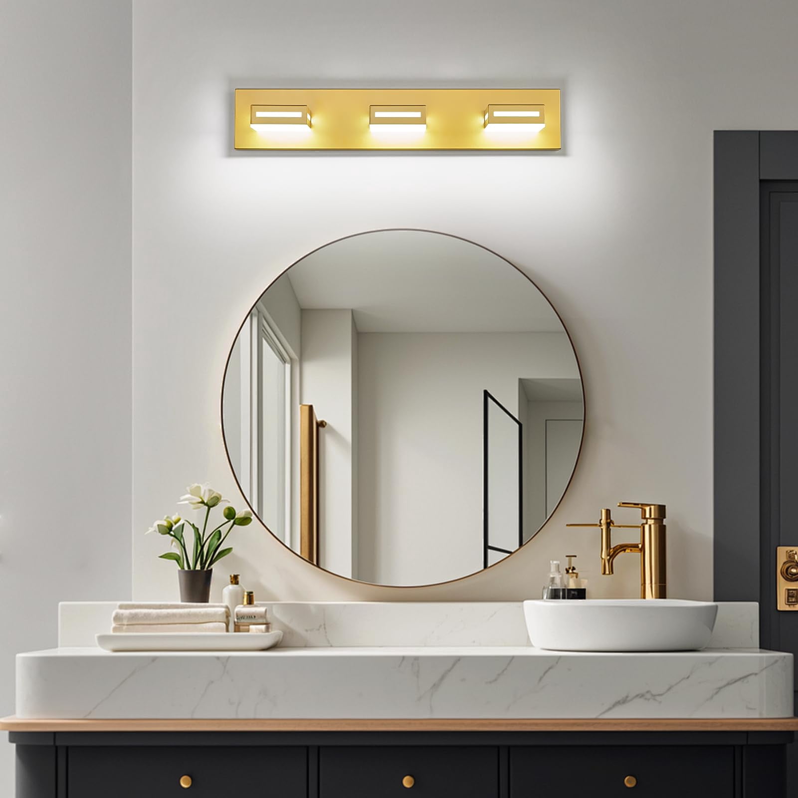 Led Modern Bathroom Light Fixtures  3-light 24-inch Gold Vanity Lights For Lighting Over Mirror 6000k Cool White 350° Rotatable Wall Lamp