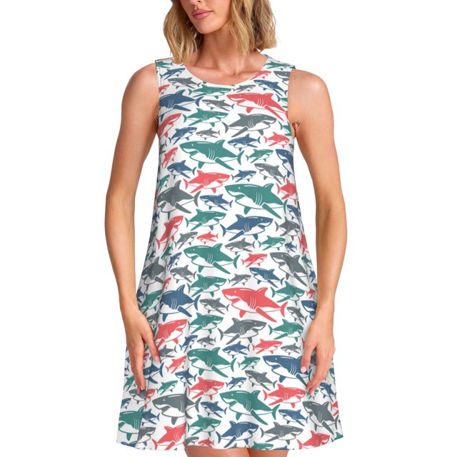 Fotbe Colorful Shark Vestido de Verano sin Mangas para Mujer – Vestido Midi Línea A, Estilo Camiseta Floral, Vestido Playero Casual y Fluido