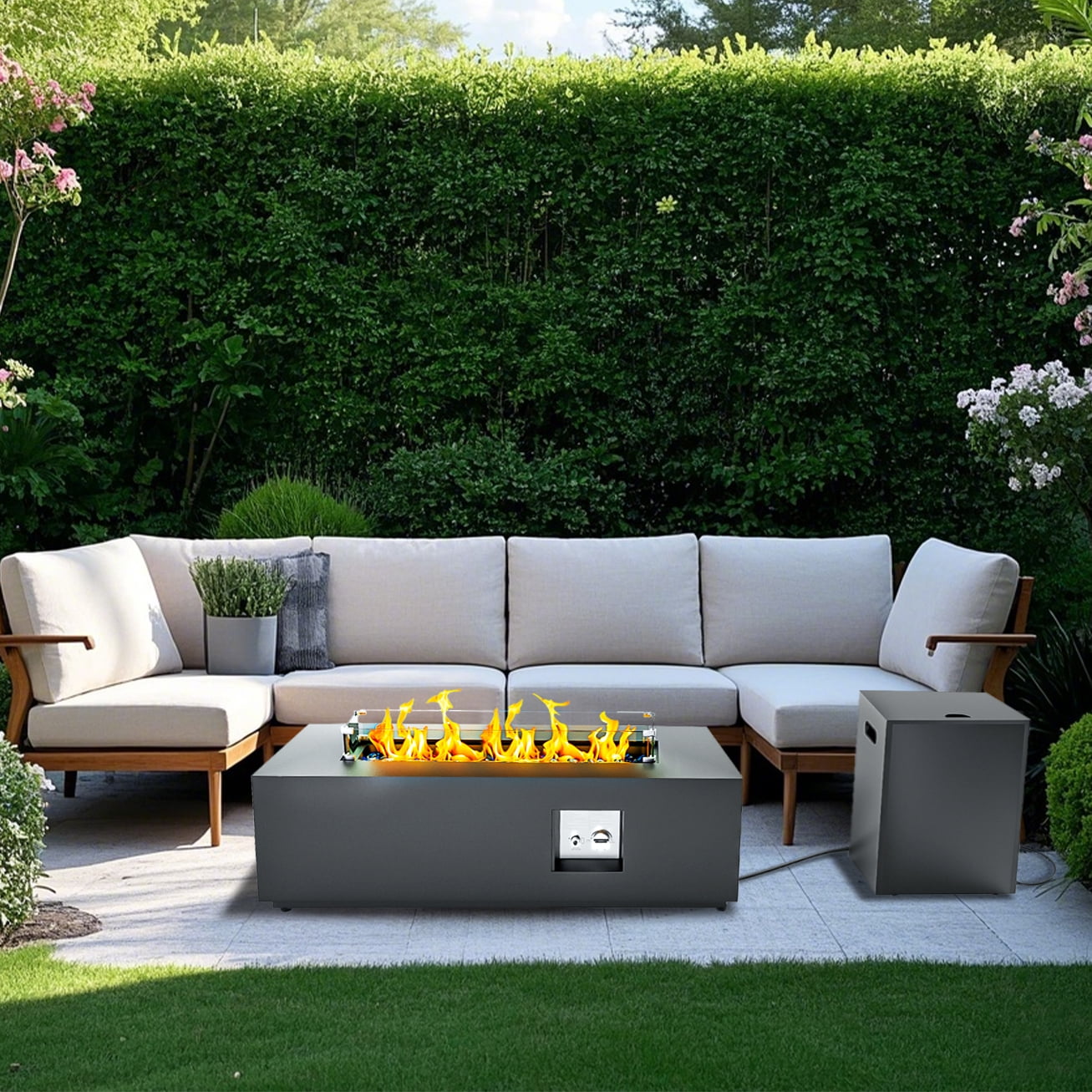 ConToose 42inch Propane Rectangle Fire Pit - Black, 50,000 BTU, Iron Body, Pulse Ignition with Complete Accessories