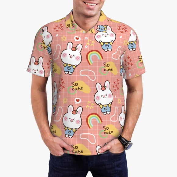 Vsdgher Rabbit So Cute Print Polo Shirts for Men, Men's Short Sleeve Stretch Polo Shirt, Shirts for Men-Large