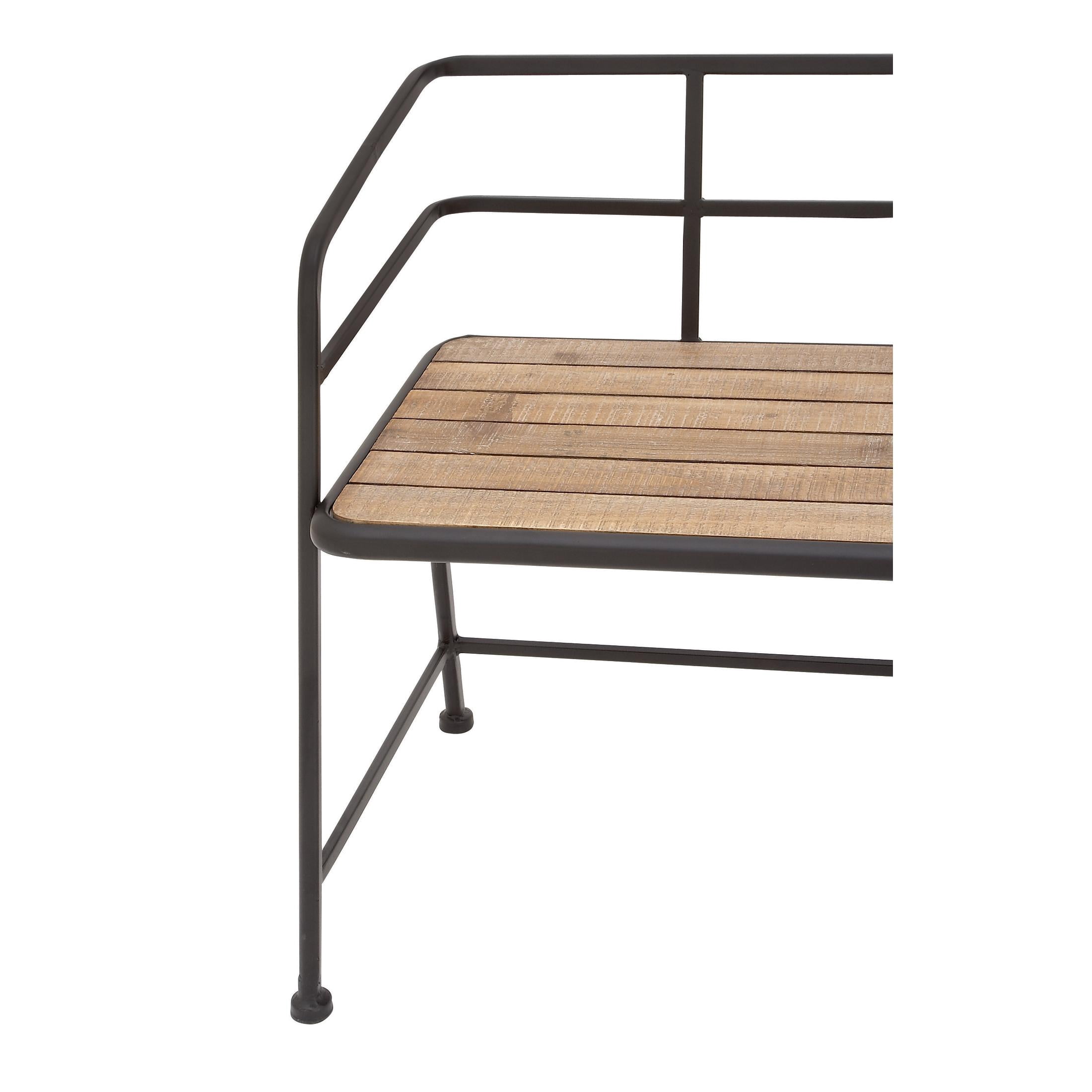 DecMode Metal Bench with Brown Wood Seat, Black