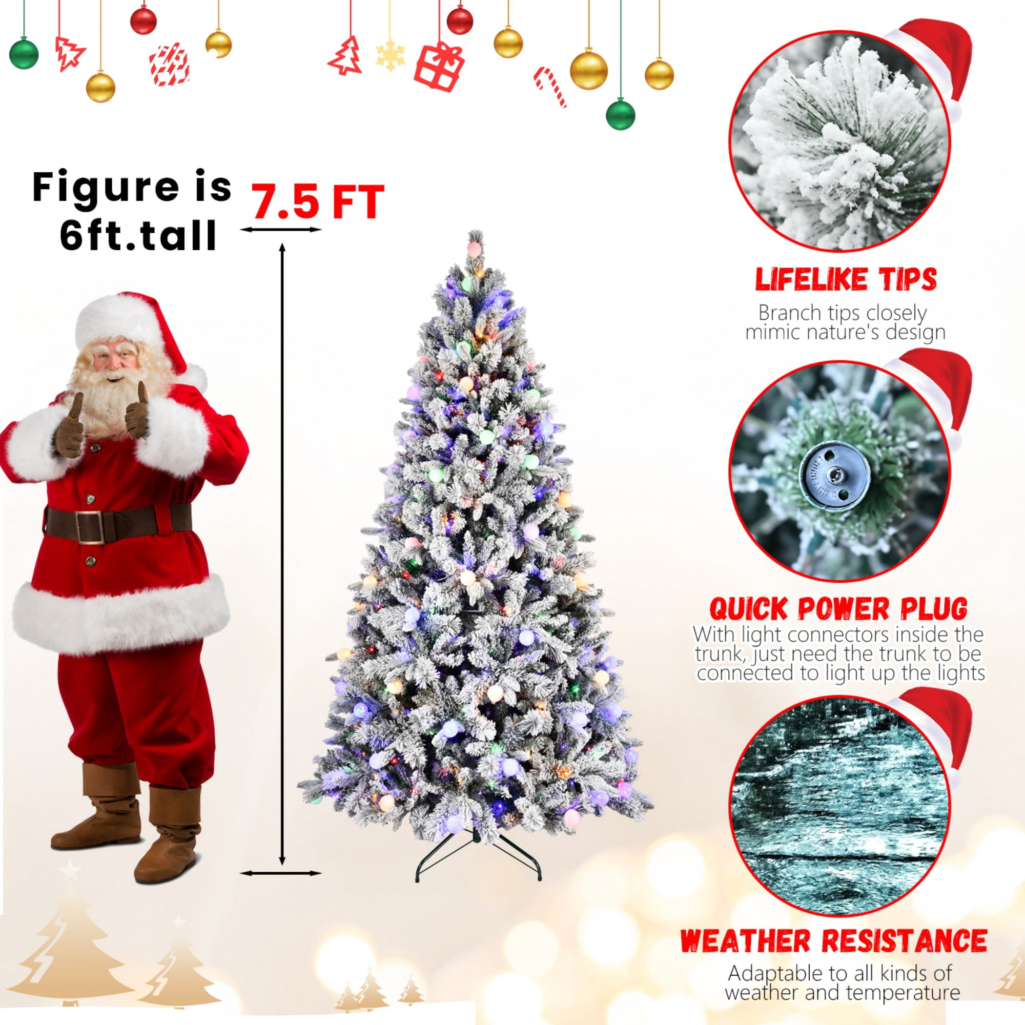 DEALTOPS 7.5 FT Pre-Lit Flocked Artificial Christmas Tree with 400 G45 LED Lights, 10 Modes & 1523 Tips