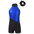 thumbnail image 3 of Doomiva Kids Girls Sleeveless Mock Neck Sequins Latin Jazz Ballet Dance Jumpsuit Biketard Unitard and Hair Scrunchies Royal Blue&Black 12, 3 of 6