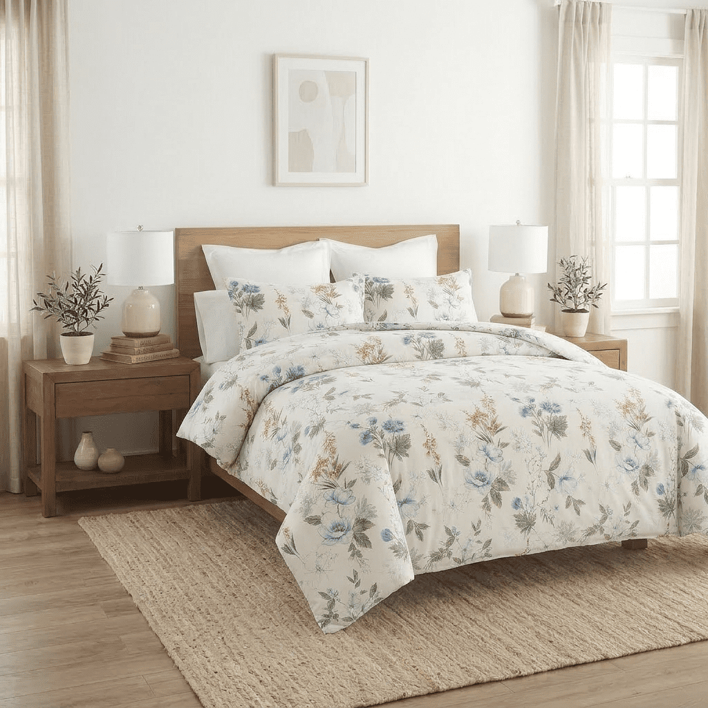 Move Over Blue Floral Duvet Cover Set Queen Size 3 Pieces Reversiable Cotton Bedding Set Pink and Green Garden Flower Comforter Cover Set for All Seasons