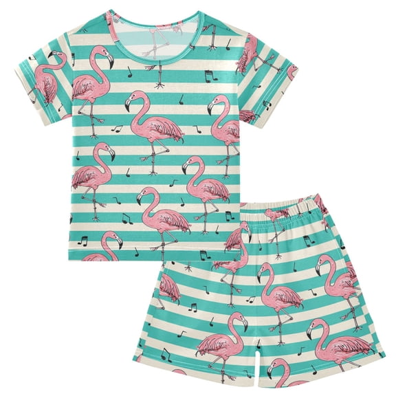 joogoo Flamingo on Stripes Pattern Pajama Sets Short Sleeve Cotton 2-Piece Sleepwear 10Y