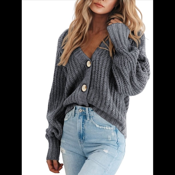 Suéter de Punto Grueso Abierto para Mujer, Larga, Botones, Cárdigan Corto Holgado, Abrigos de Abrigo. Gris XL