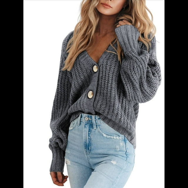 Suéter de Punto Grueso Abierto para Mujer, Larga, Botones, Cárdigan Corto Holgado, Abrigos de Abrigo. Gris S
