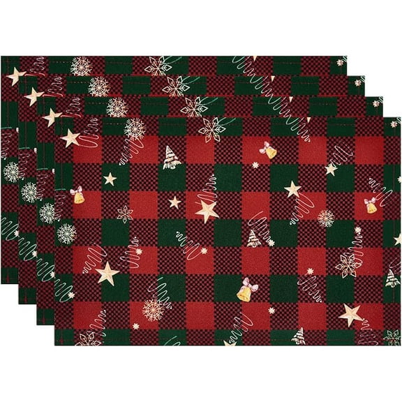 Red and Black Buffalo Plaid Christmas Placemats for Dining Table, 12 x 18 Inch Seasonal Winter Xmas Snowflakes Holiday Rustic Vintage Thanksgiving Washable Table Mats Set of 4