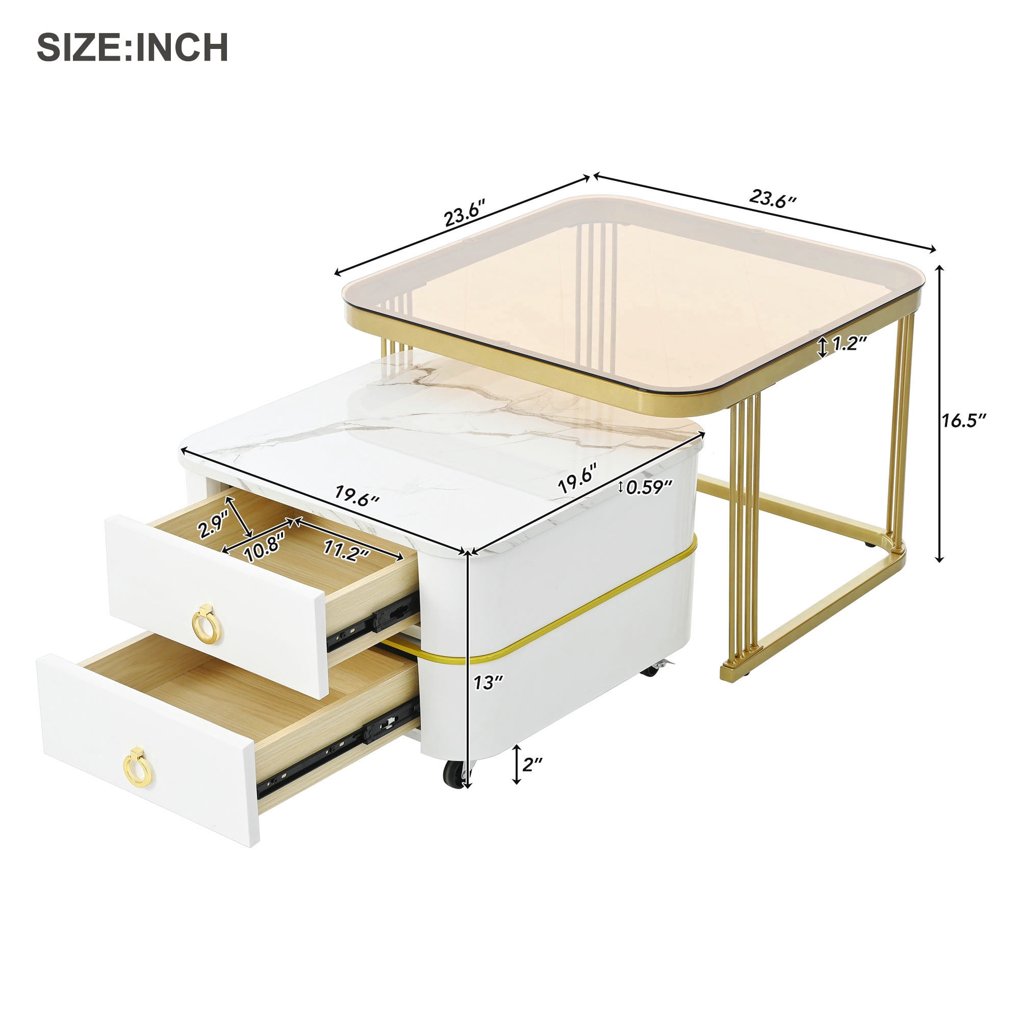 PORKISS 2-in-1 Nesting Coffee Table, Modern Square Coffee Table with Wheels and Drawers, Small Stacking Coffee Table with High Gloss Marble Grain Top and Tempered Glass for Living Room, White/ Gold