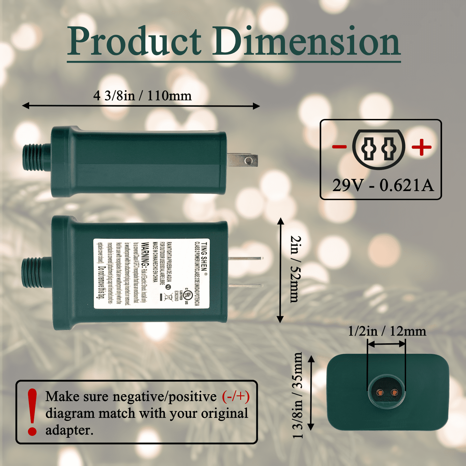 29V 0.621A Power Supply Class 2 LED Transformer LED Raintight IP44 US Plug Adapter, Seasonal-Use LED Driver for LED String Light, Holiday Lighting, Christmas X-Mas Tree TS-18WL29V - Right Positive